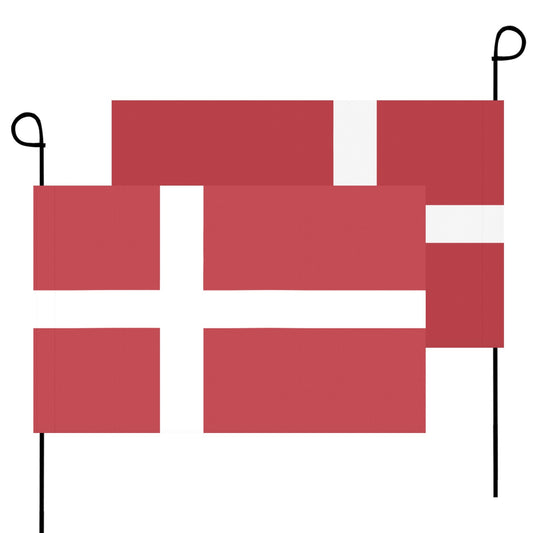 Luv My Flag Denmark garden flags with white cross design.