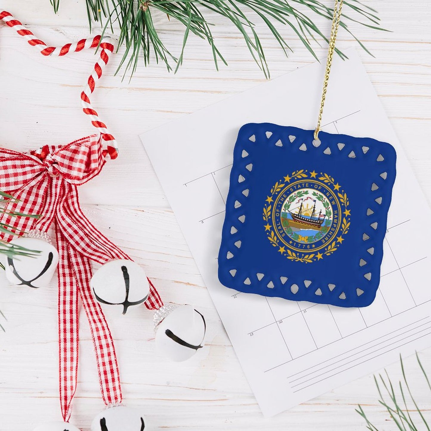 New Hampshire Flag Inspired Square Ceramic Ornament Made in the USA