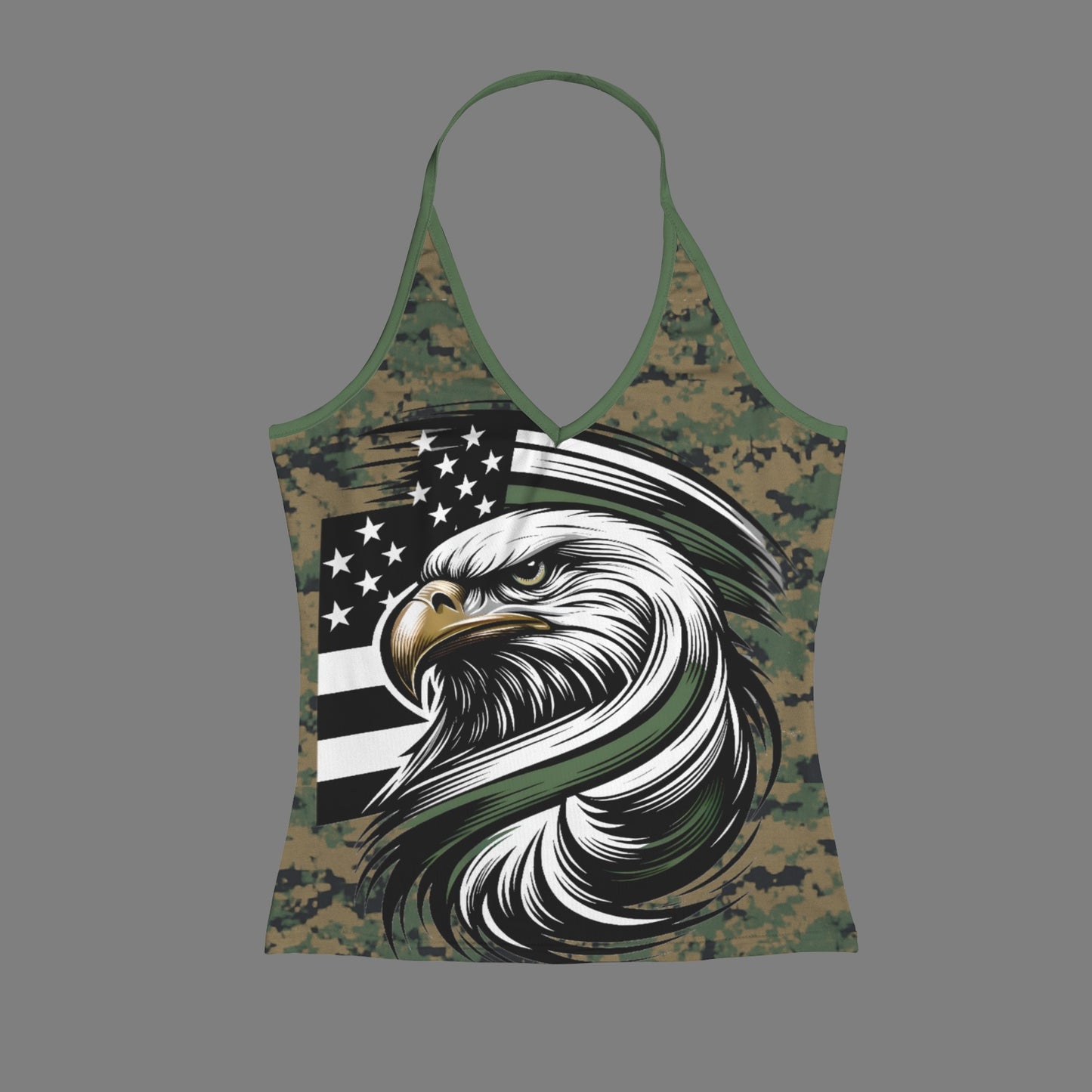 Thin Green Line Flag Inspired Eagle on Digital Camo V-neck Halter Open Back Tank Top