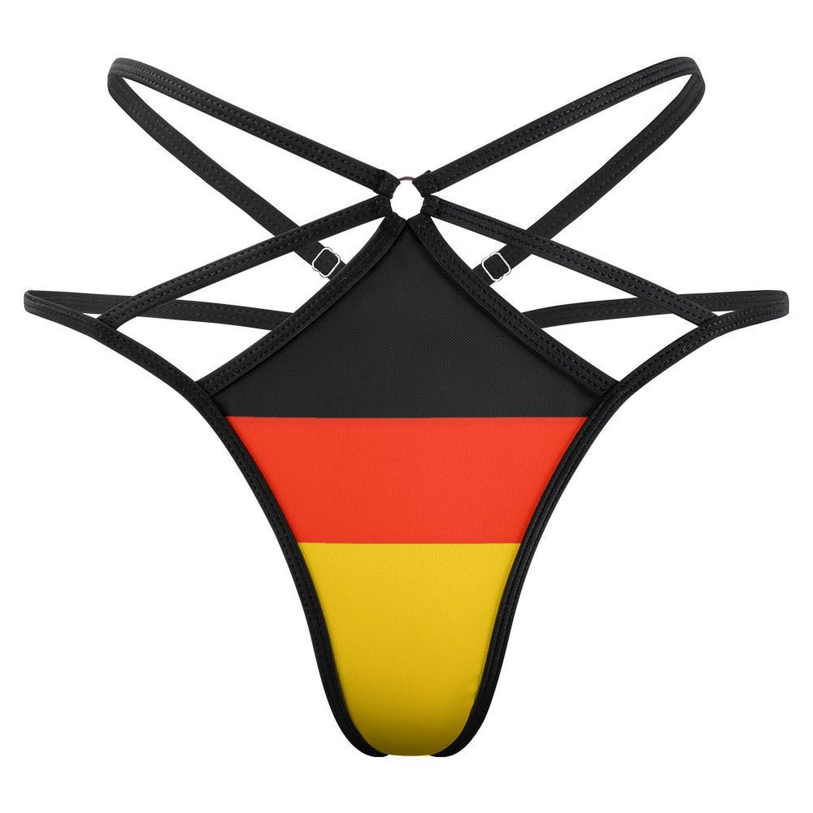Black strappy thong with German flag design by [Brand].