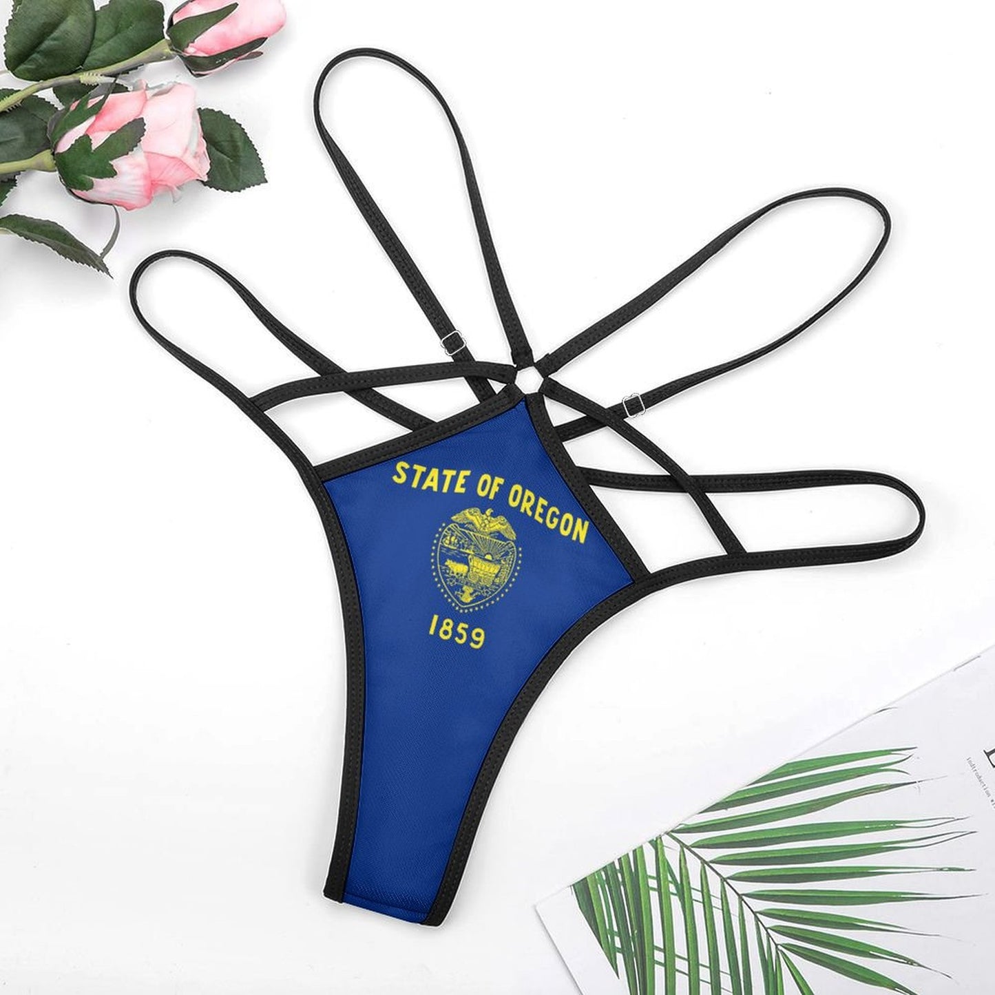 Blue [Brand] thong with Oregon state flag design, flowers.