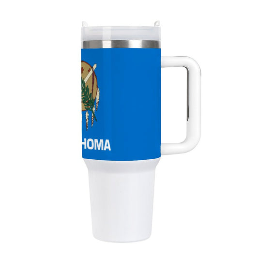 Blue and white travel mug featuring Oklahoma state flag. [Brand]