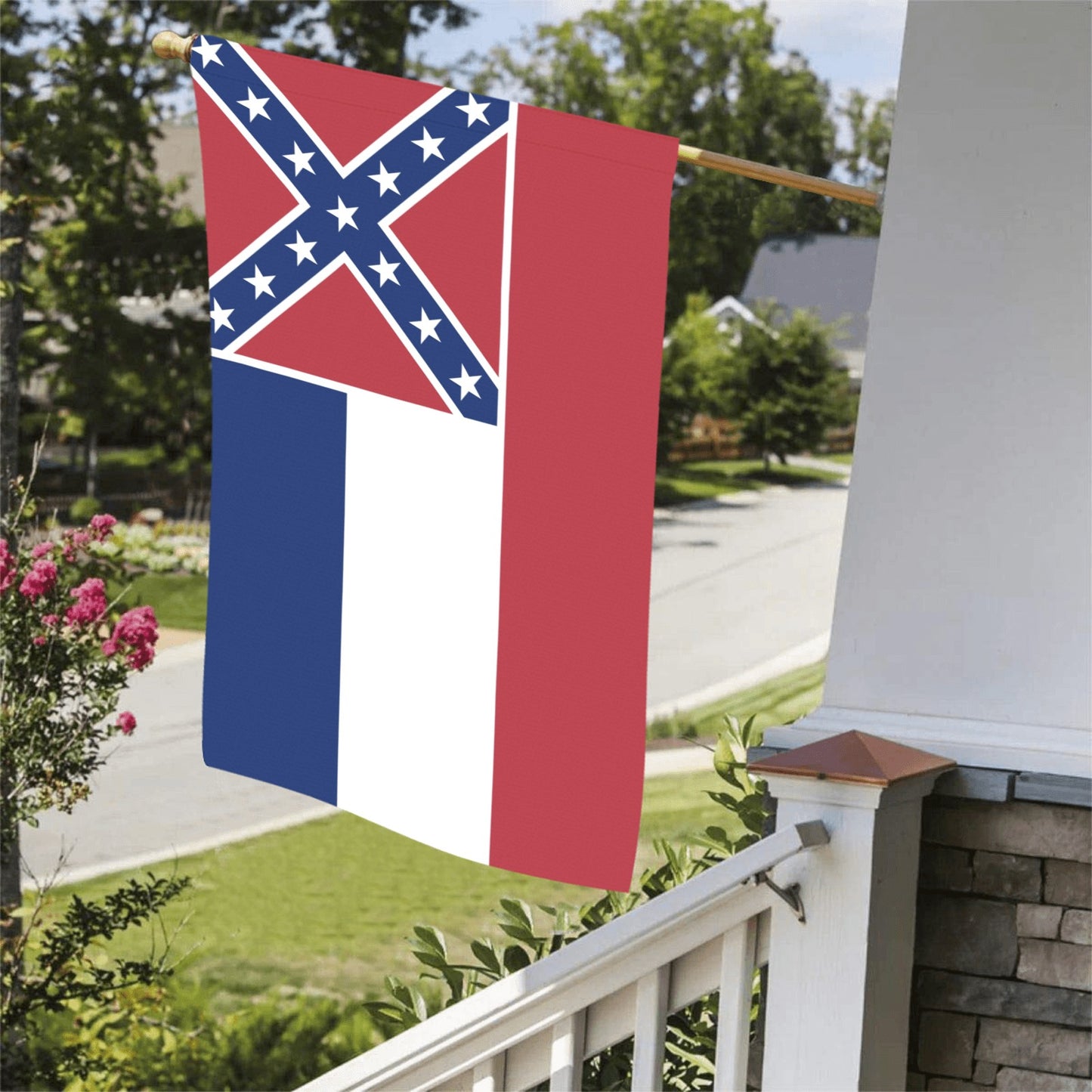 [Luv My Flag] historical Mississippi flag displayed on porch.