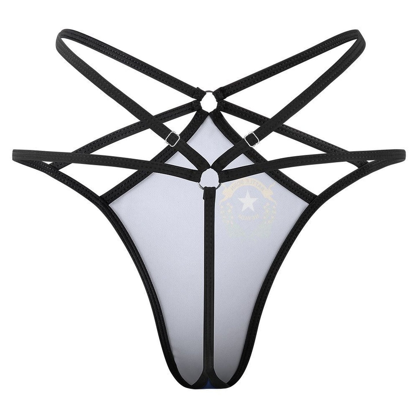 Black strappy thong from [Brand] with geometric design pattern.