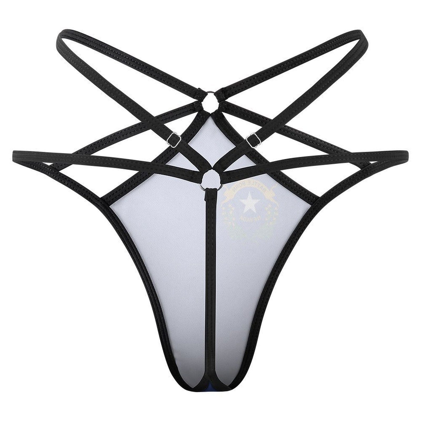 Black strappy thong from [Brand] with geometric design pattern.