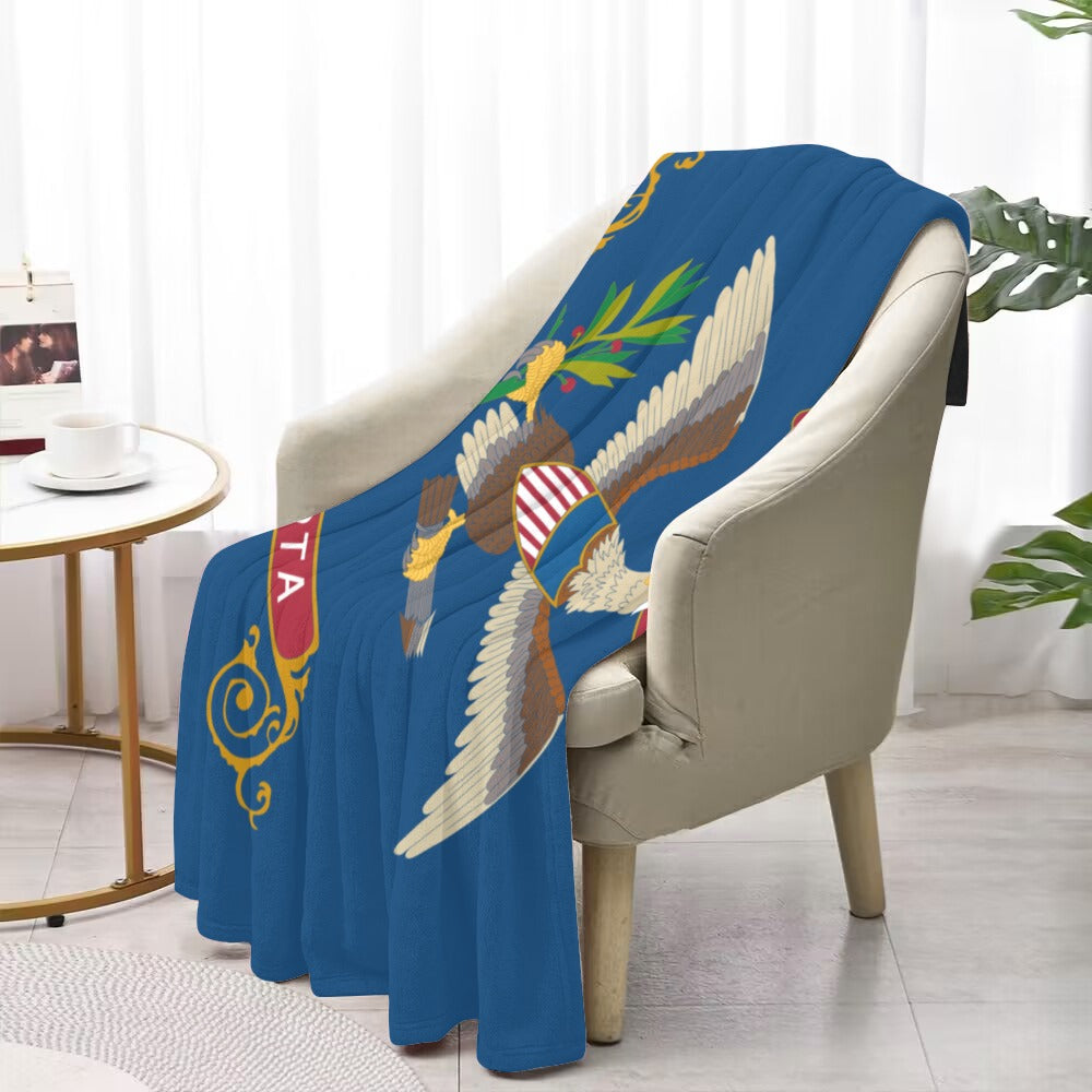 Luv My Flag blue chair cover featuring flying eagle design.