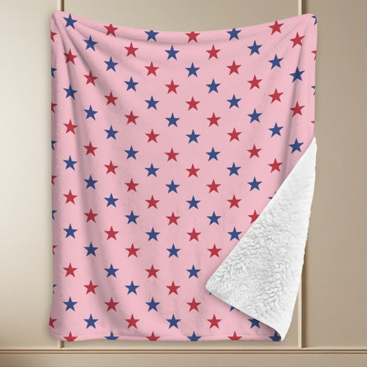 USA/American Flag Inspired Red and Blue Stars on Pink Sherpa Fleece Blanket 90" x 108" | Prtinted in the USA