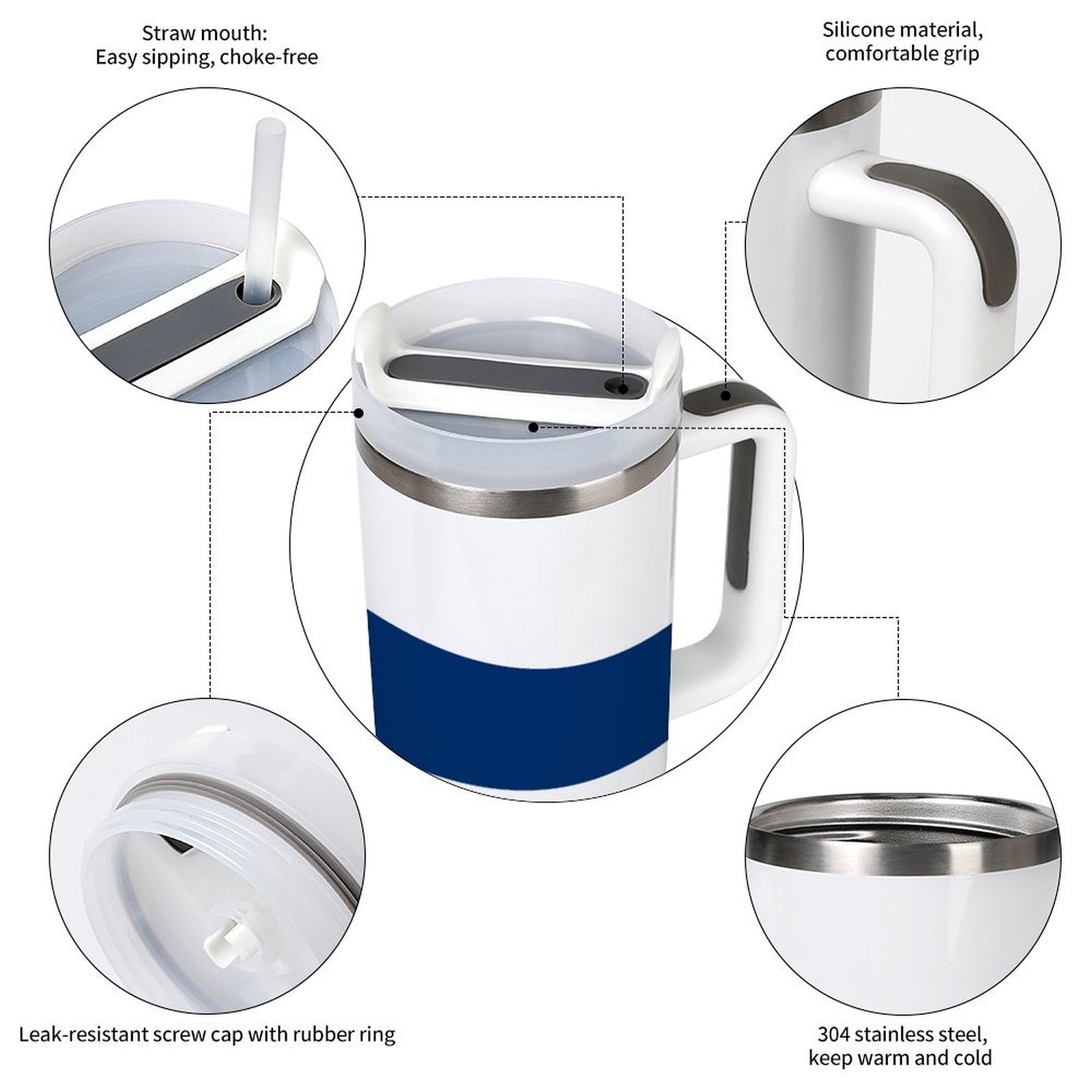 [Brand] insulated mug with straw, stainless steel and silicone handle.