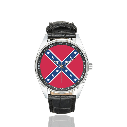 Confederate Battle Flag Men's Casual  Leather Strap Watch