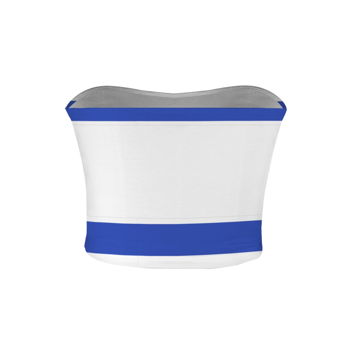 [Brand] white and blue tube top with horizontal stripes.