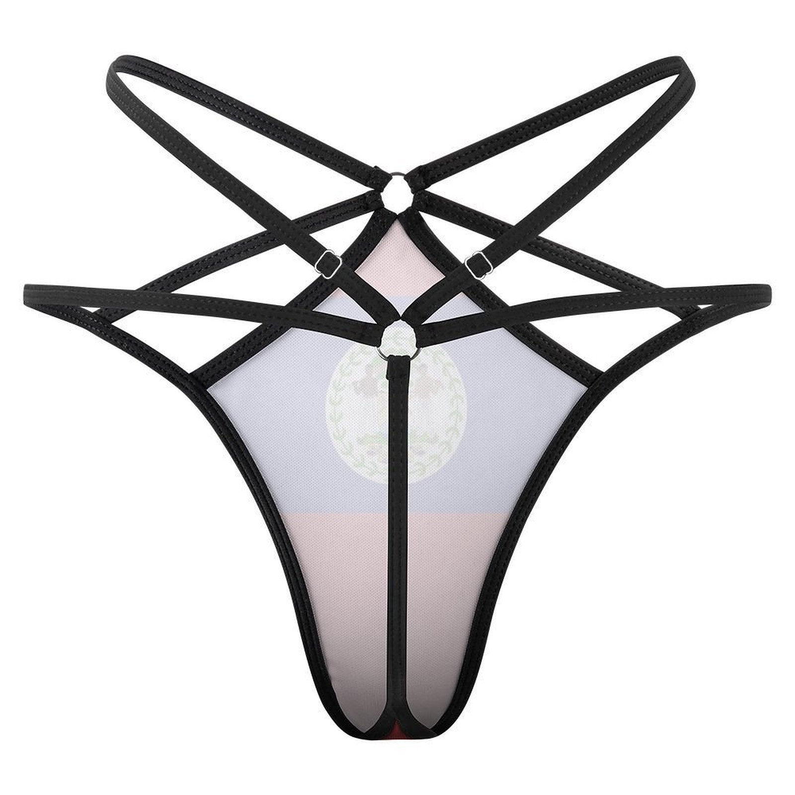 Black strappy harness lingerie by [Brand] with geometric design.