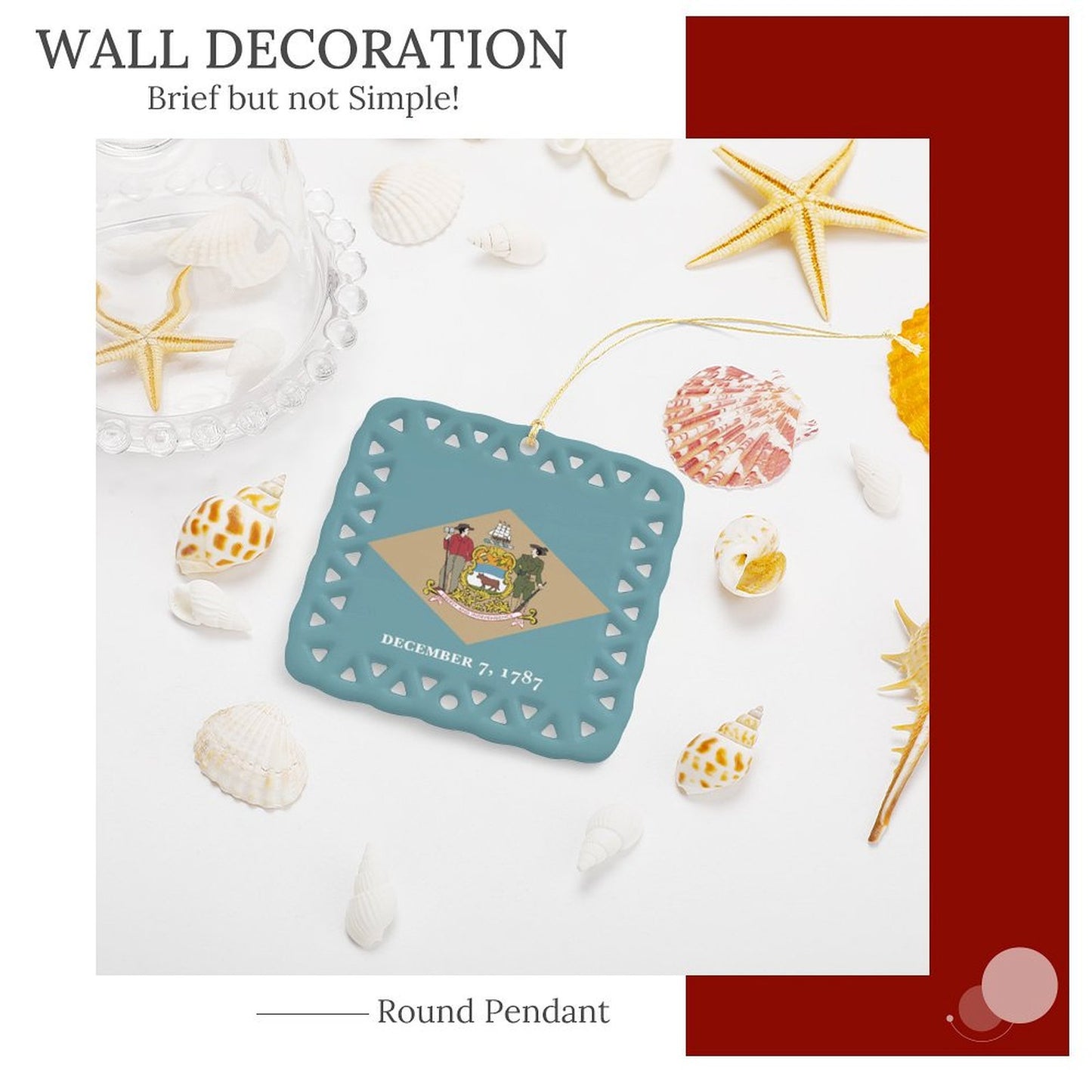 Delaware Flag Inspired Square Ceramic Ornament Made in the USA
