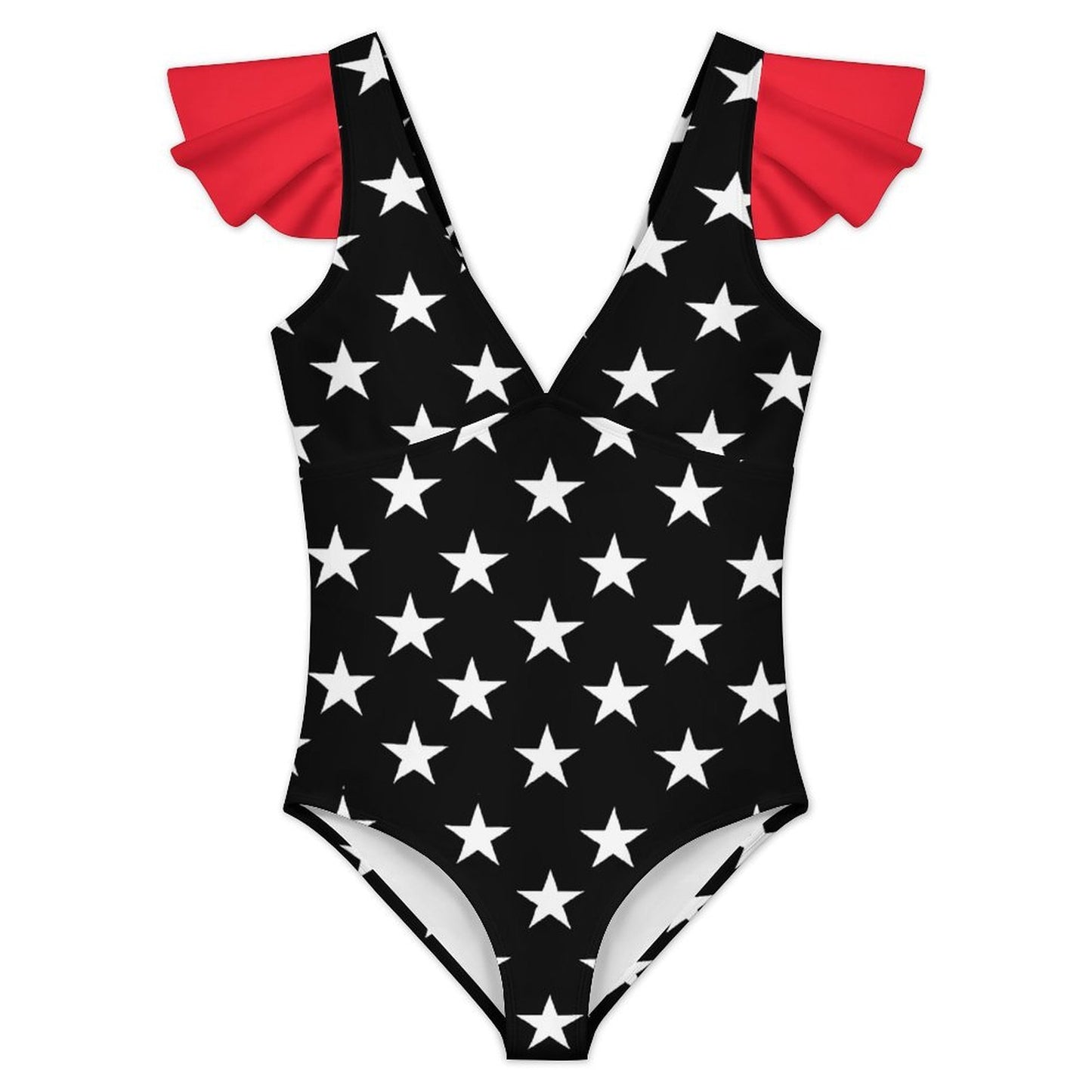 Thin Red Line Flag Inspired Women's V-neck Ruffle Sleeve One Piece Swimsuit