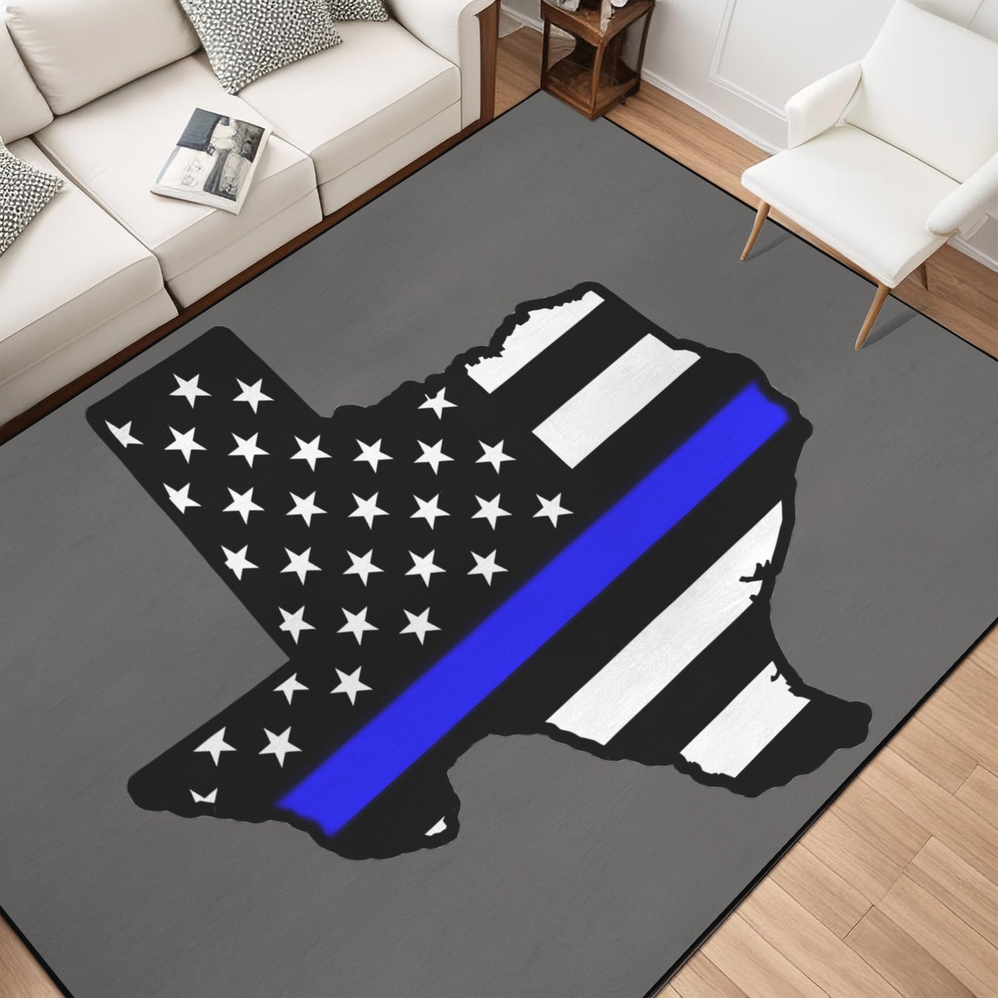 Thin Blue Line Flag Inspired Texas Shape 84x60 Inch Area Rug with Black Binding (Made in the USA)