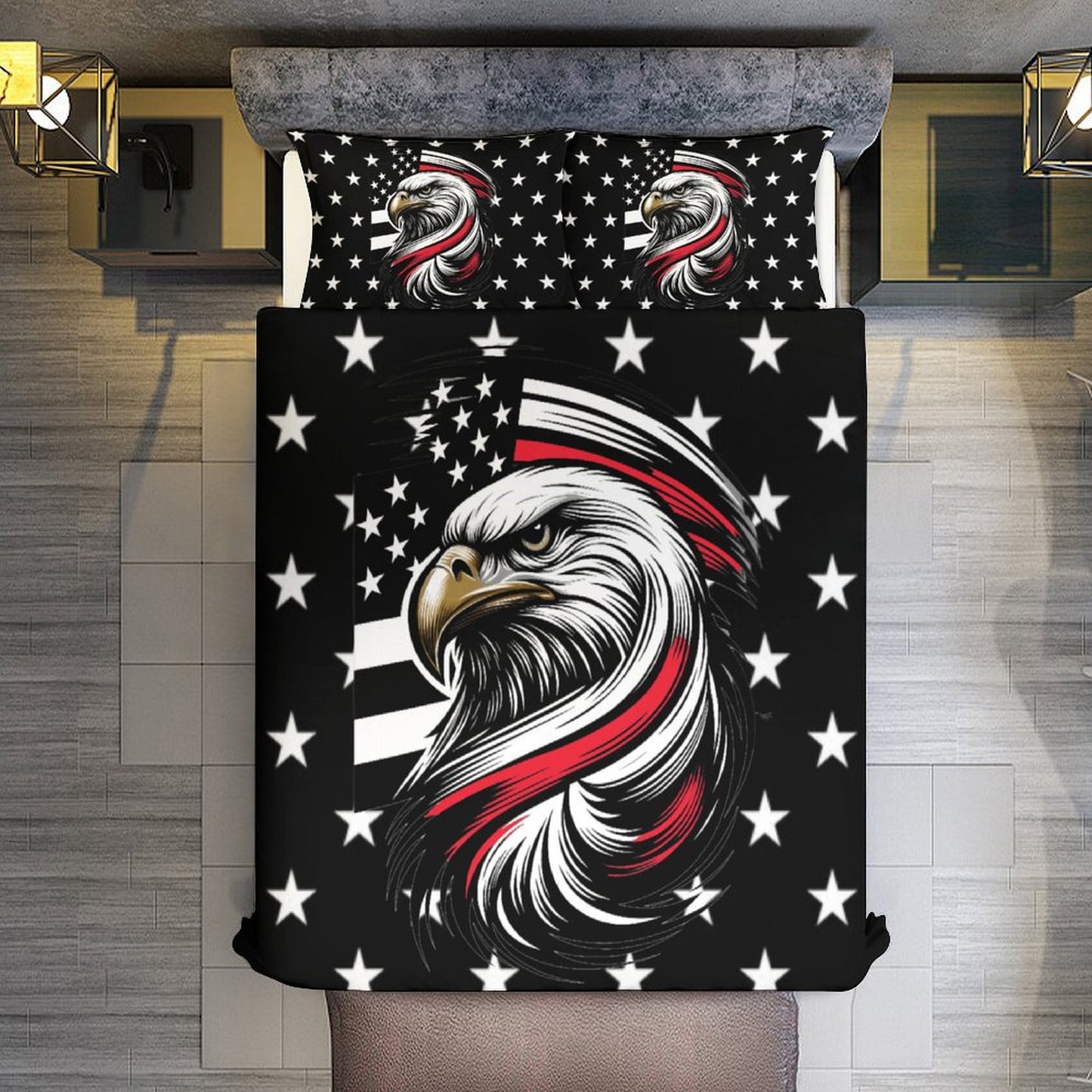 Thin Red Line Flag Inspired Eagle 3-Piece Bedding Set (1 Duvet Cover + 2 Pillow Shams) – 102"×90"