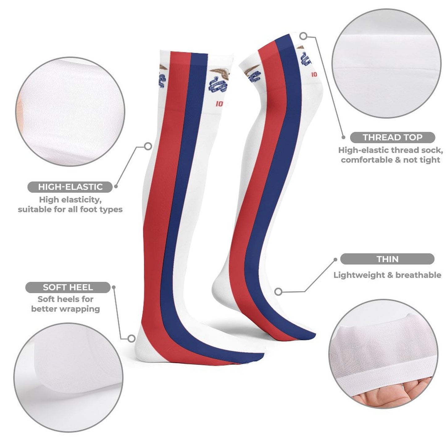 [Brand] socks with red-blue stripes, high-elastic, lightweight design.