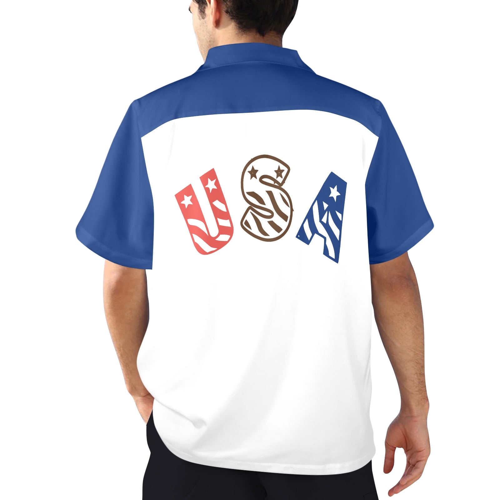 Back view, [Brand] USA shirt with blue and white design.