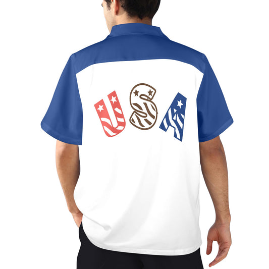Back view, [Brand] USA shirt with blue and white design.
