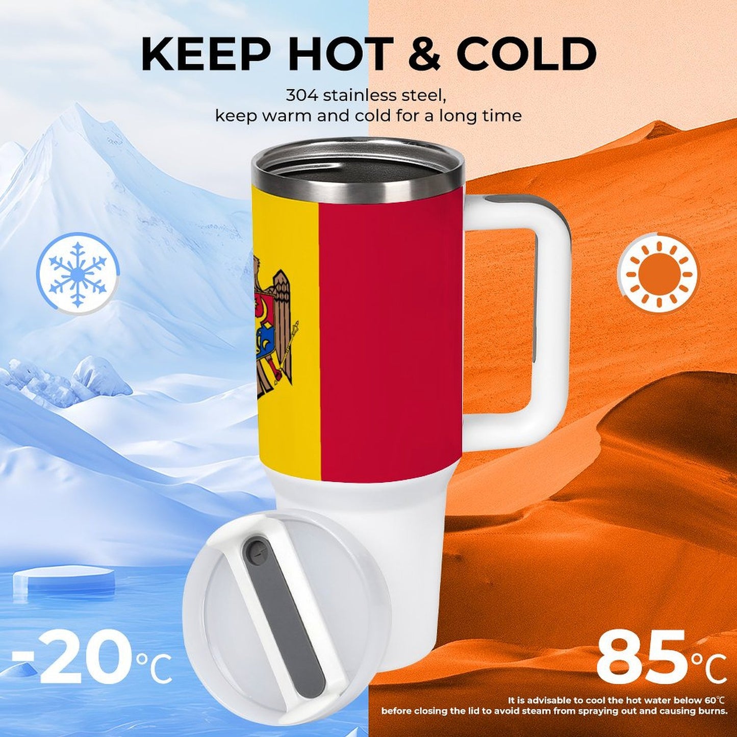 [Brand] thermal mug keeps drinks hot or cold efficiently.