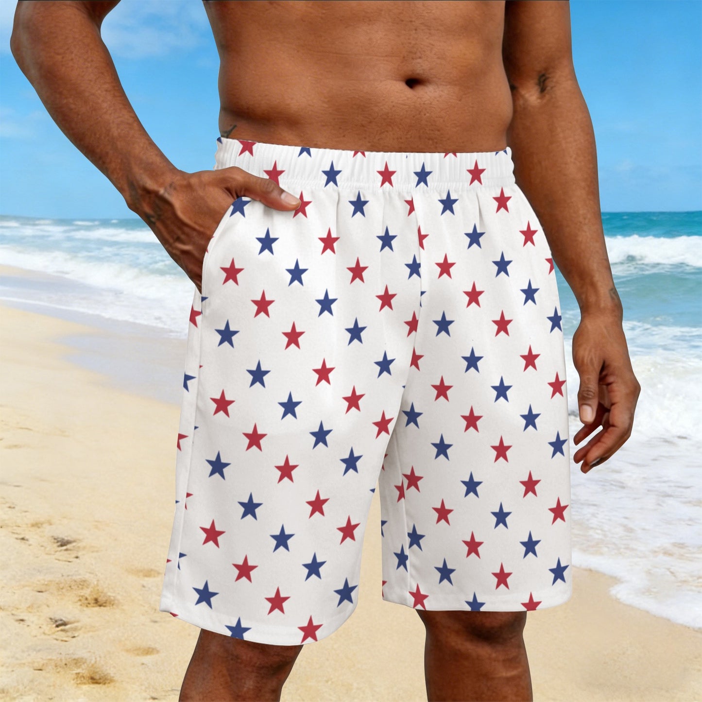 USA/American Flag Inspired Red and Blue Stars Pattern Men’s Draw String Pocket Beach Shorts Printed in the USA