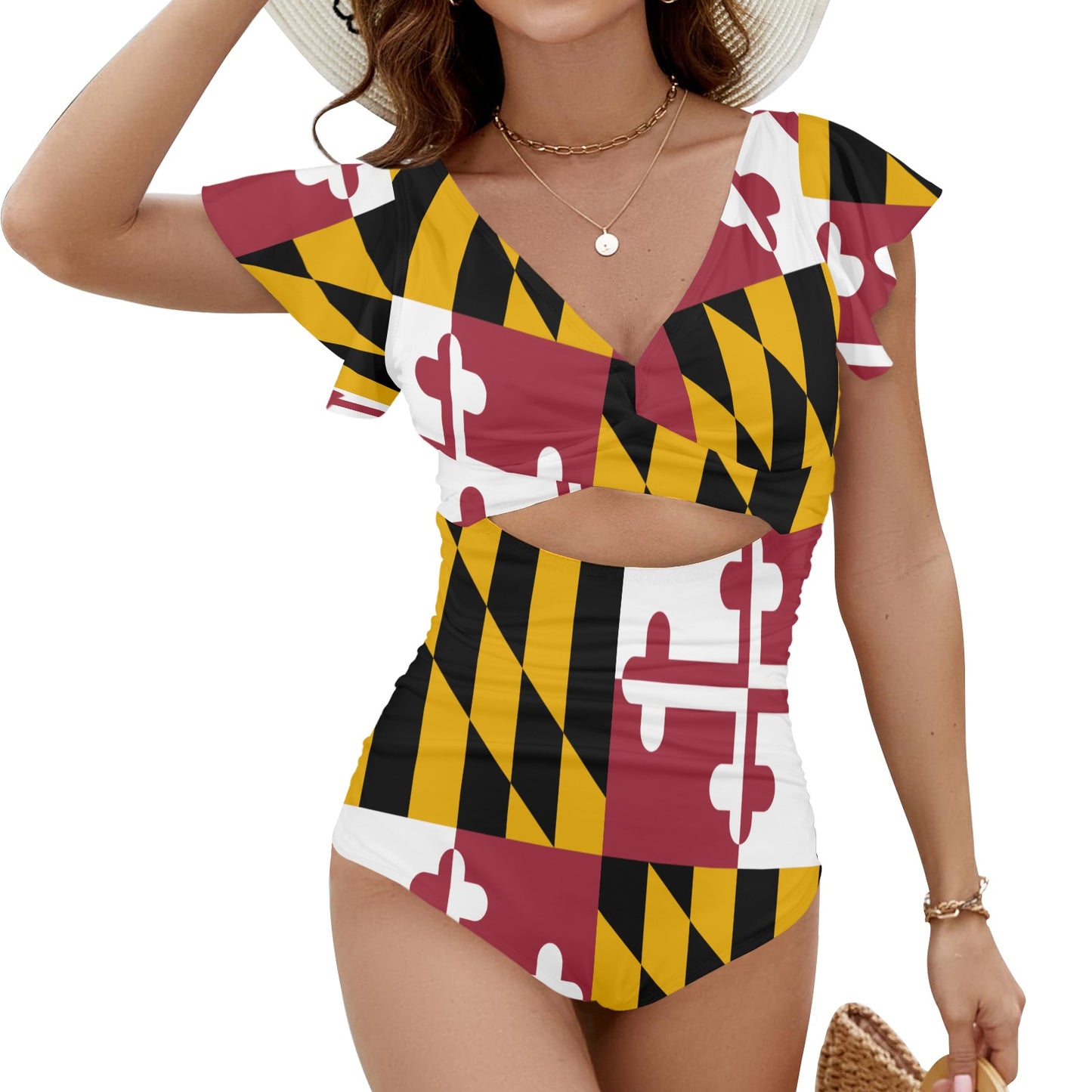 Maryland Flag Inspired Women's Twist Front Ruffle Sleeve Swimsuit