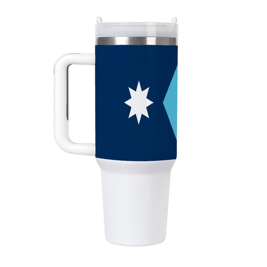 Blue and white travel mug with star, handle; [Brand].