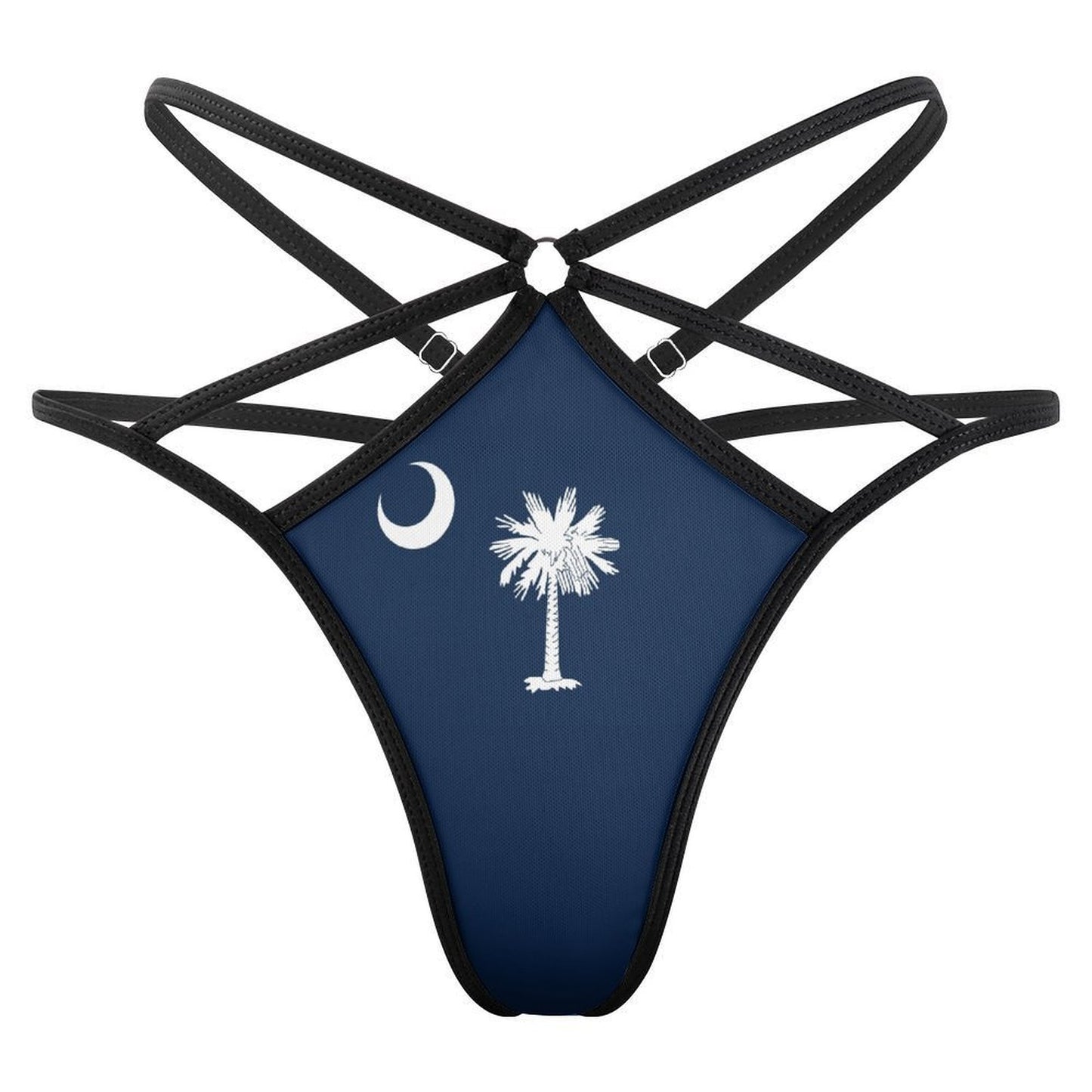 Black strappy garment with moon, palm tree design, [Brand].