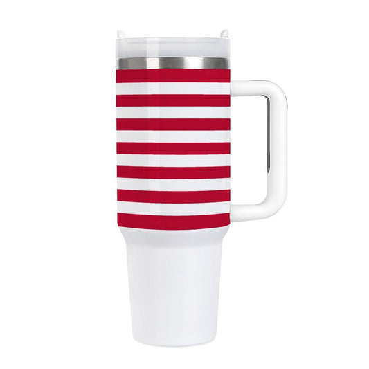 [Brand] tumbler: red and white stripes, white handle, lid.