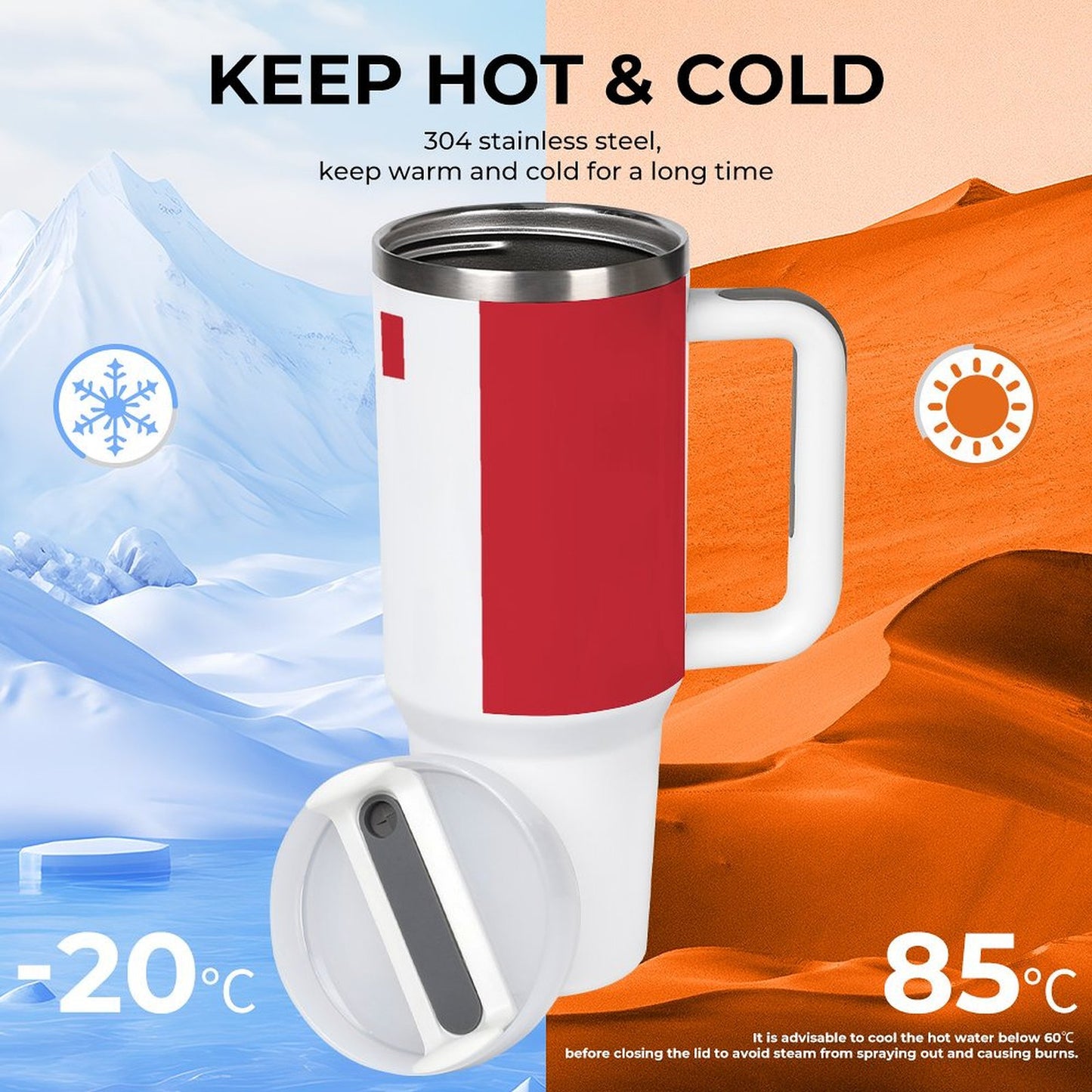 [Brand] stainless steel mug keeps drinks hot or cold.