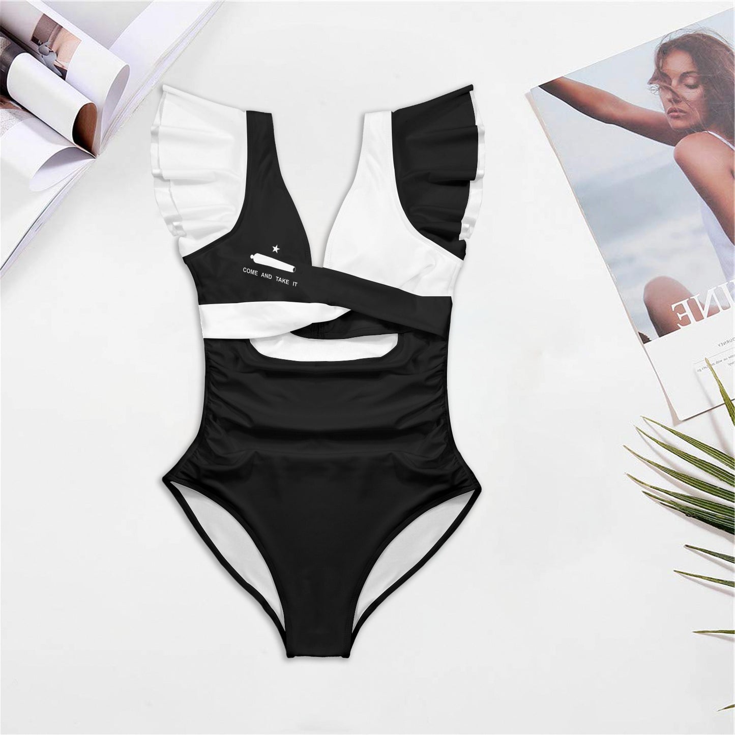 Come and Take It Flag Inspired Women's Twist Front Ruffle Sleeve Swimsuit
