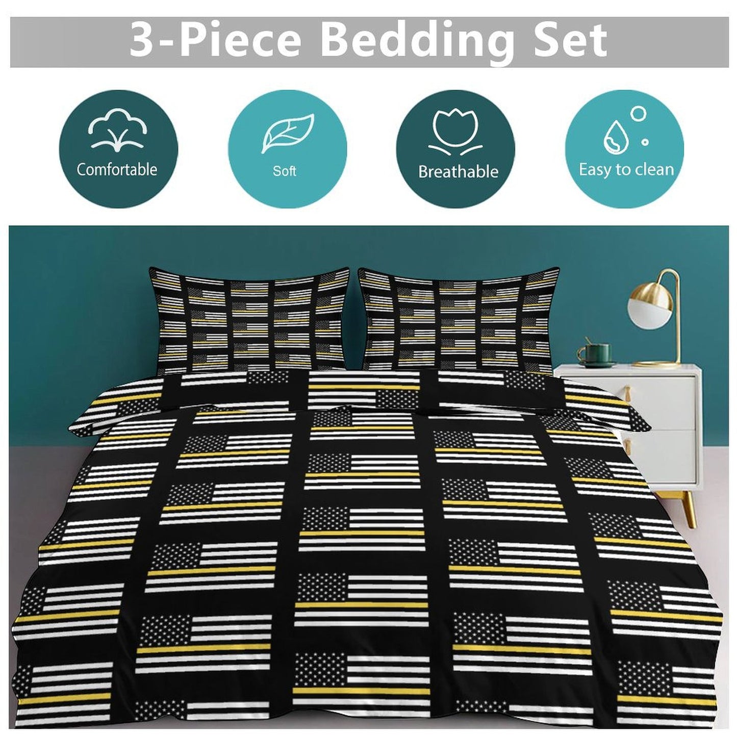 Thin Gold Line Flag Inspired 3-Piece Bedding Set (1 Duvet Cover + 2 Pillow Shams) – 102"×90"