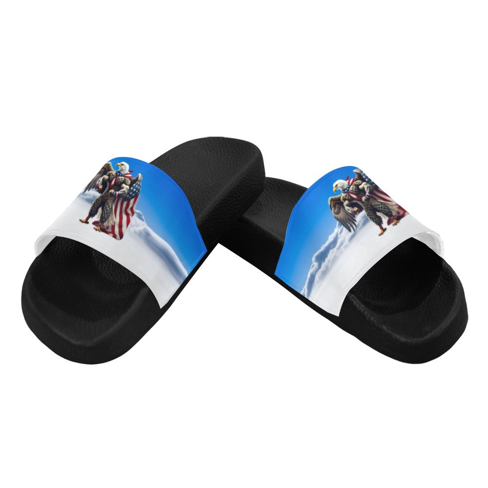 USA/American Flag Inspired Eagle with Cape in Clouds Women's Slide Sandals