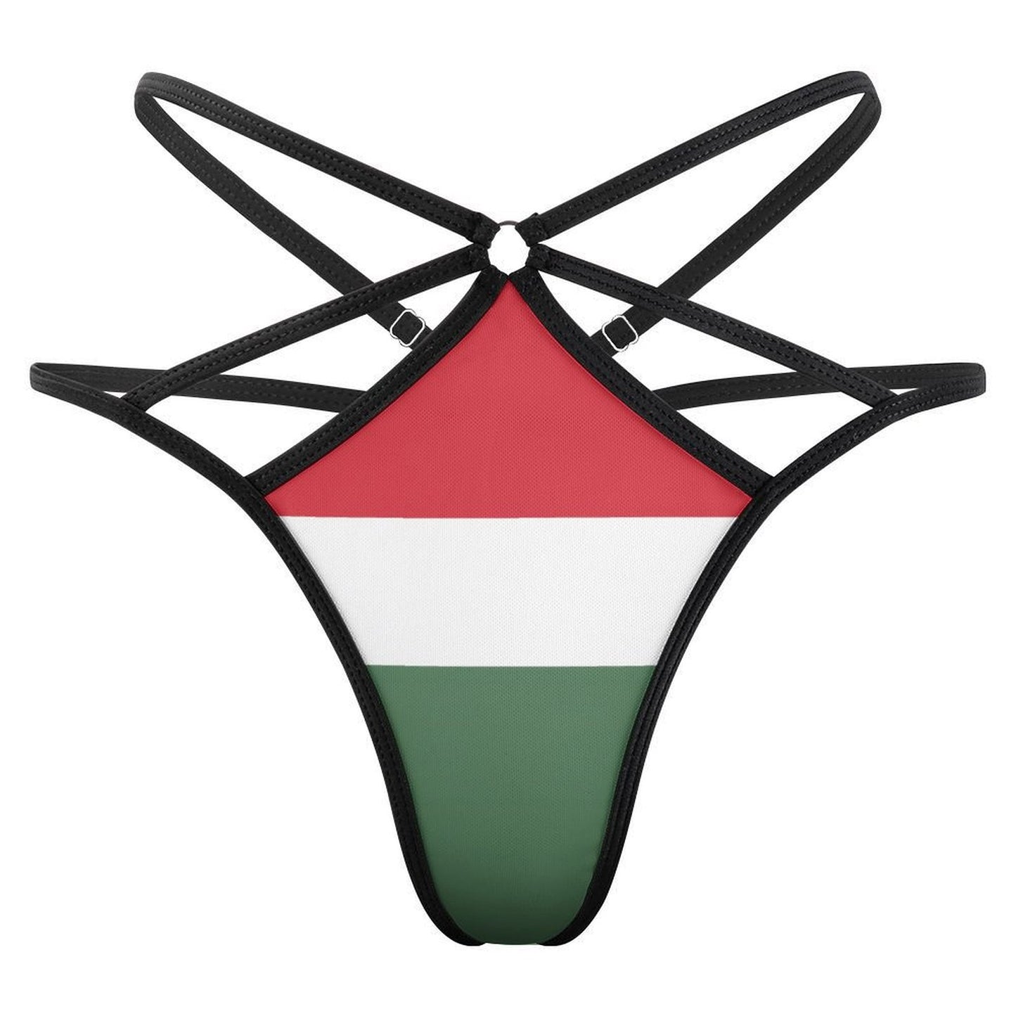 Strappy bikini bottom with Hungarian flag design from [Brand].