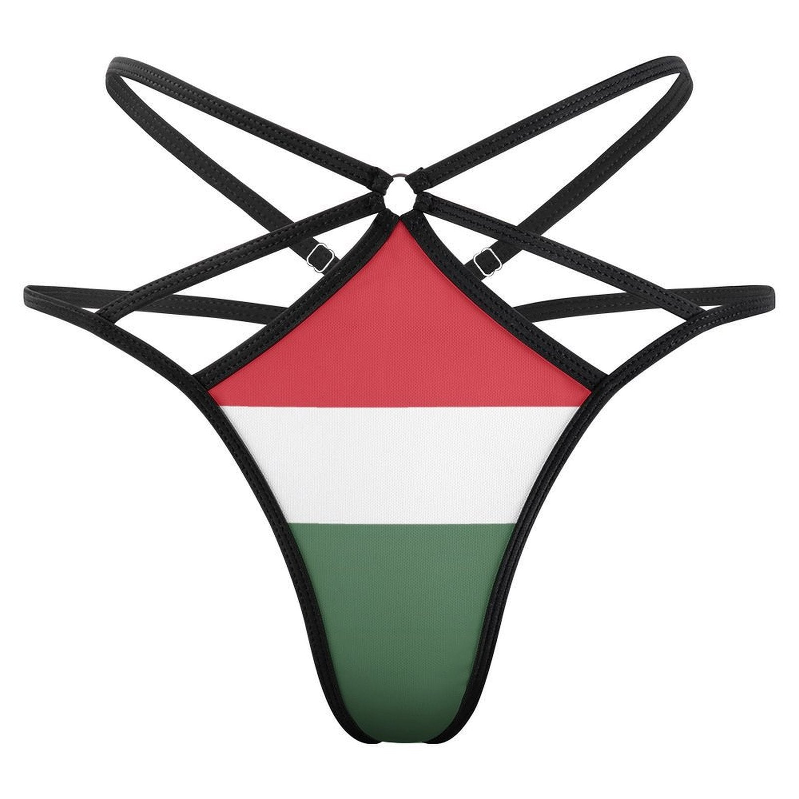 Strappy bikini bottom with Hungarian flag design from [Brand].