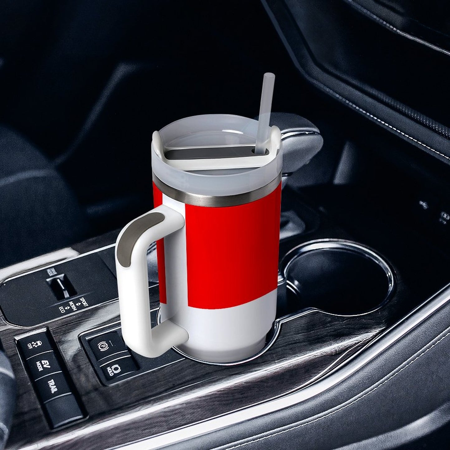 [Brand] insulated mug in car cup holder with straw.
