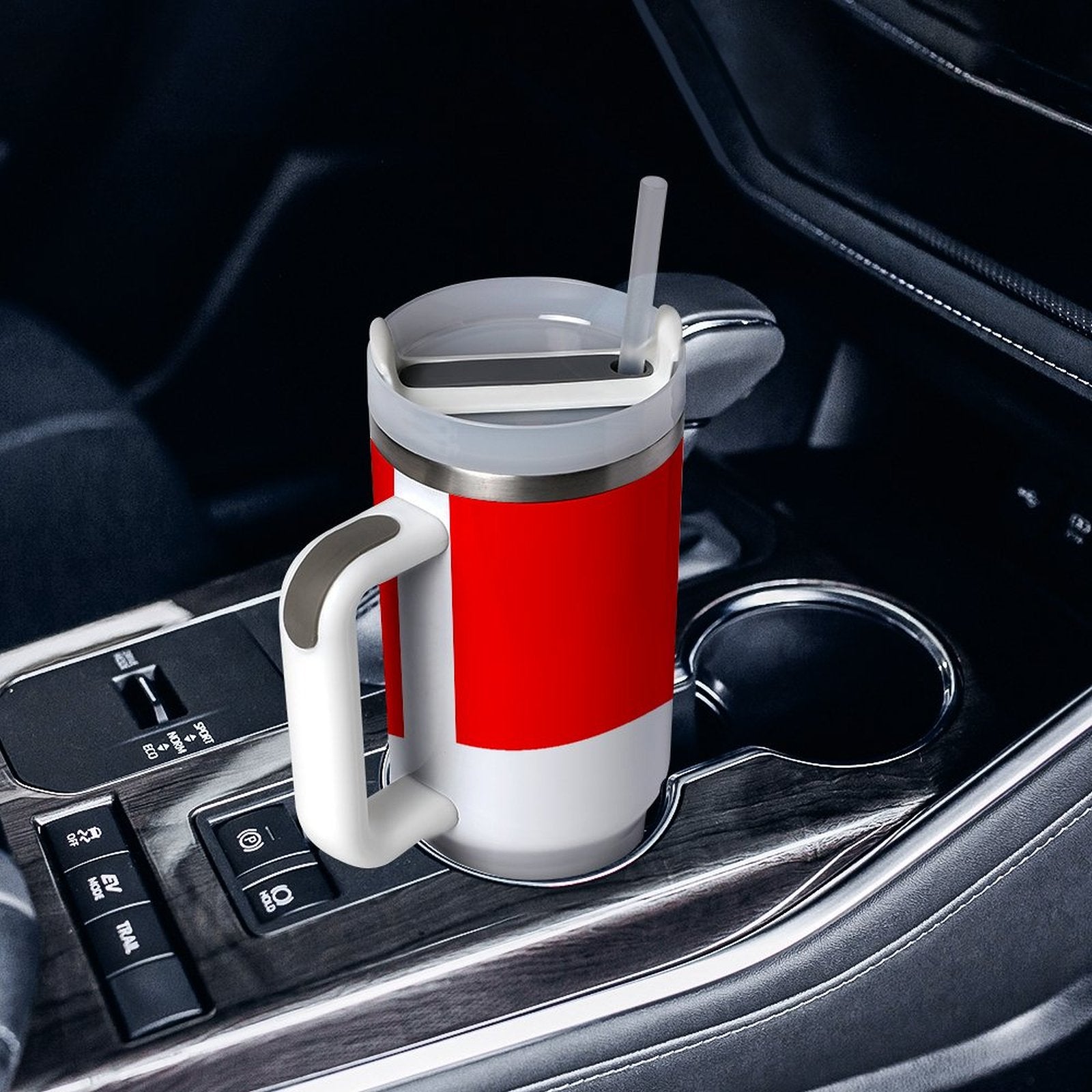 [Brand] insulated mug in car cup holder with straw.