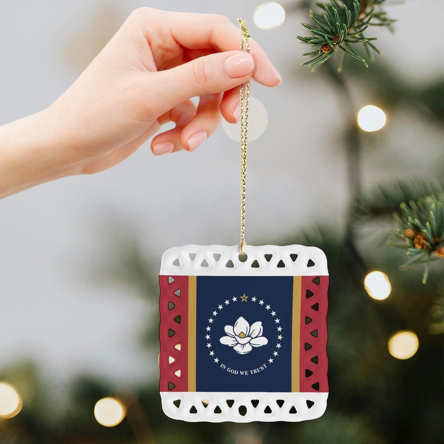 Mississippi Flag Inspired Square Ceramic Ornament Made in the USA