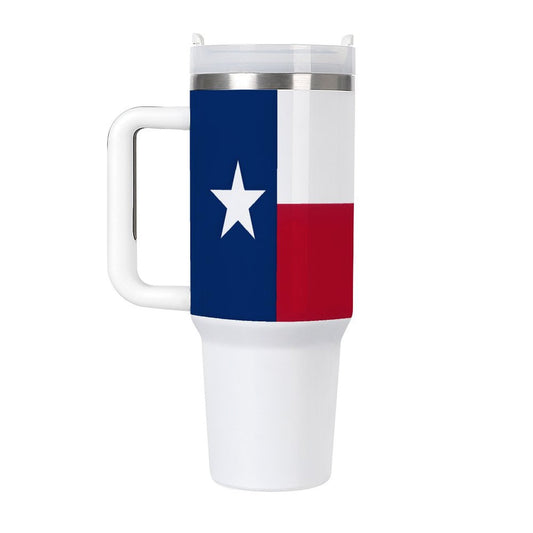 [Brand] white travel mug featuring Texas flag design.