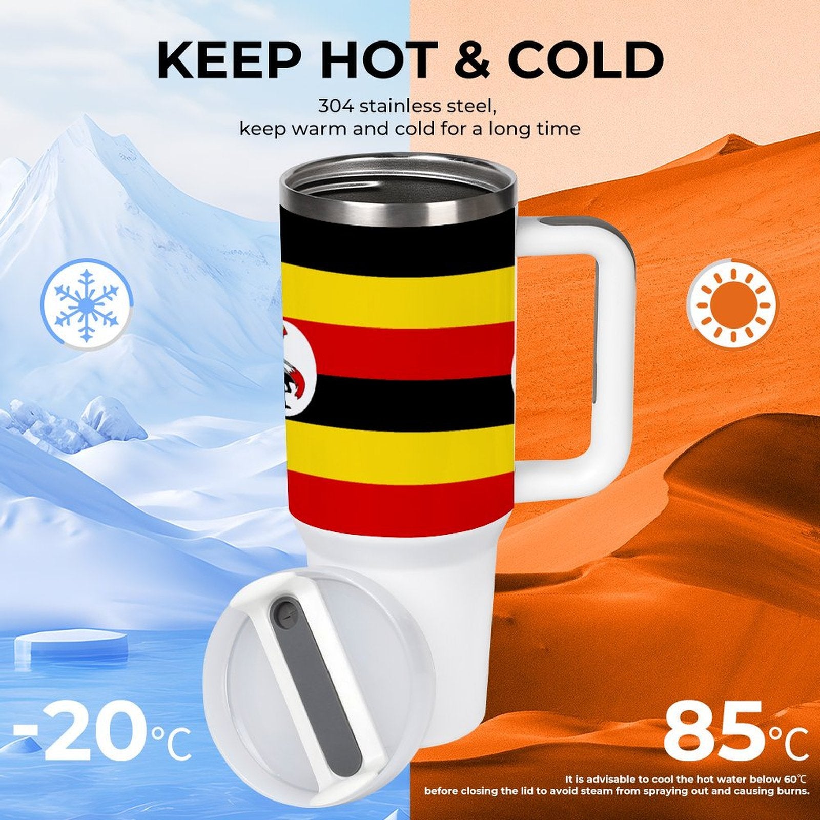 [Brand] insulated mug maintains temperature, featuring snow and desert images.