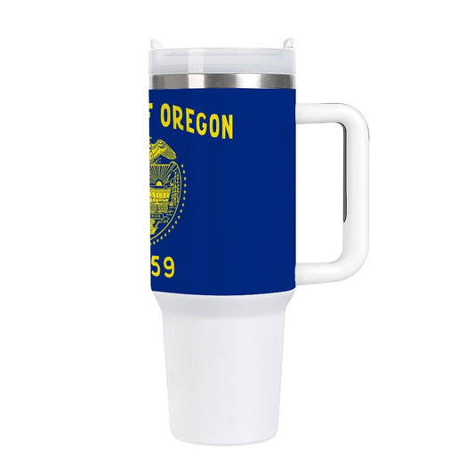 [Brand] travel mug featuring blue Oregon state flag design.