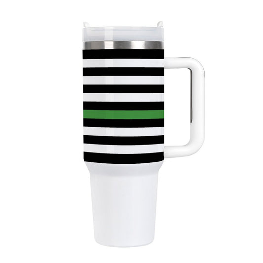 [Brand] insulated travel mug with black, green, white stripes.