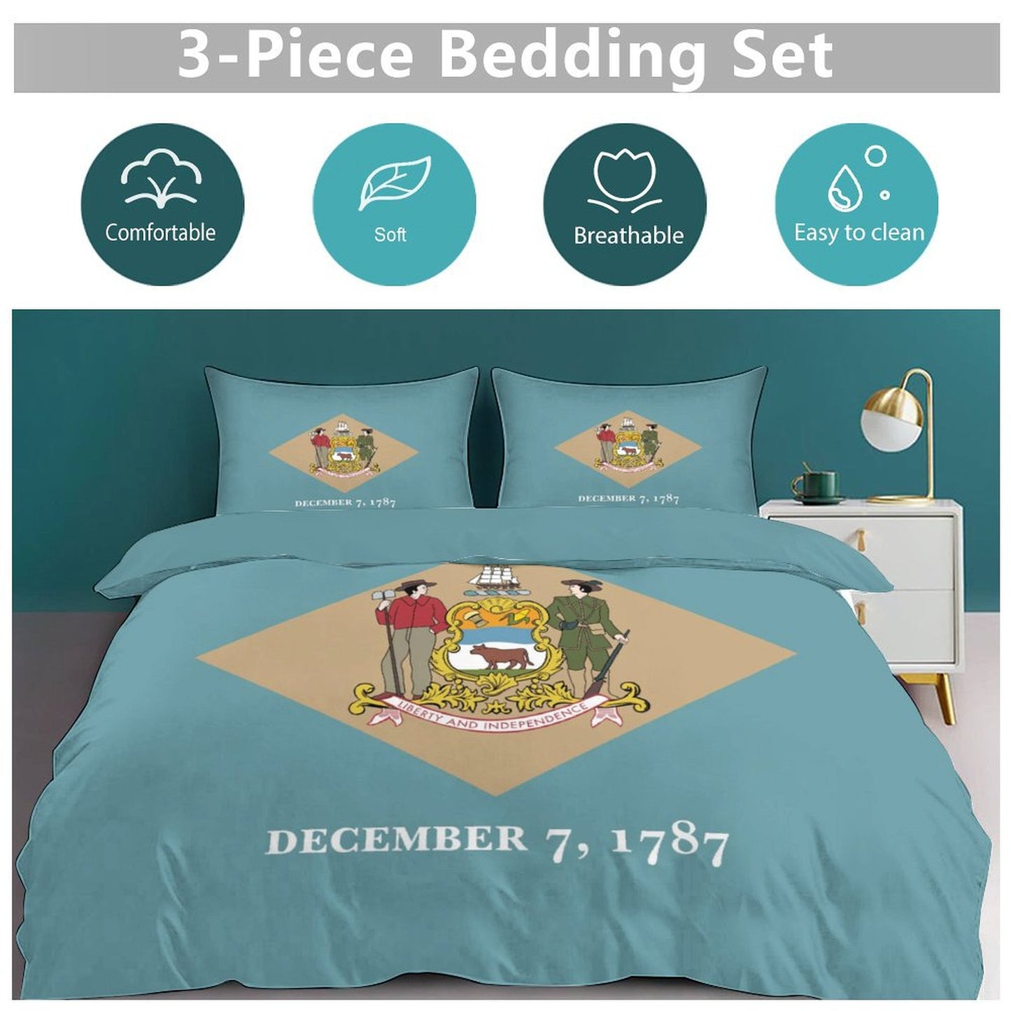 Delaware Flag Inspired 3-Piece Bedding Set (1 Duvet Cover + 2 Pillow Shams) – 102"×90"
