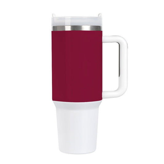 Red travel mug with handle, white base, [Brand] product.