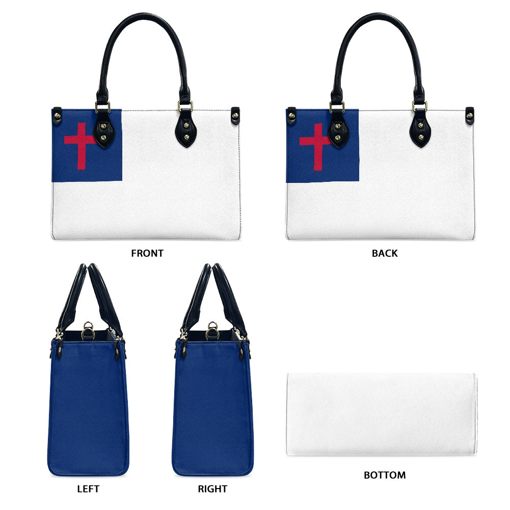 [Brand] handbag with Christian flag design, front and sides.