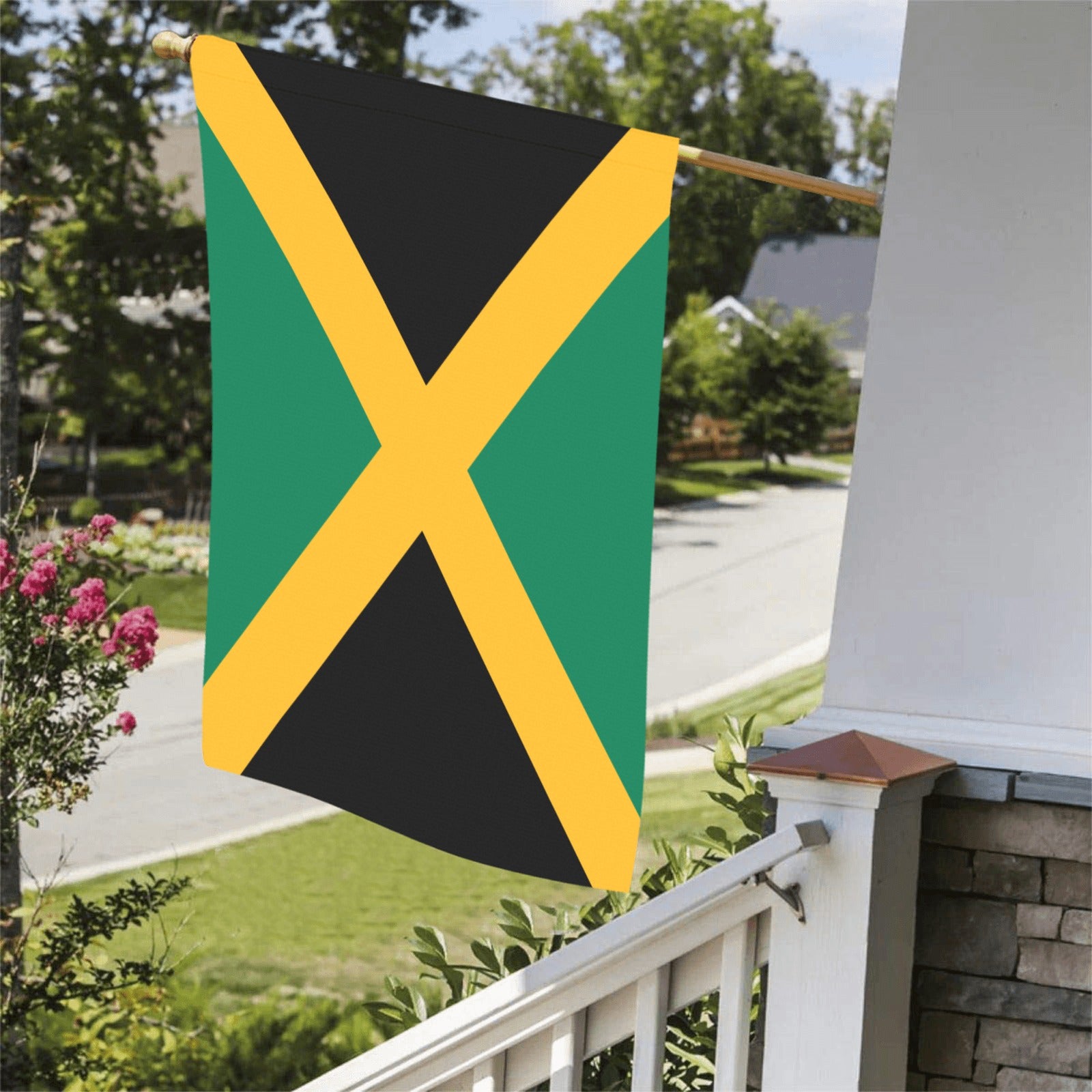 Jamaican flag displayed on porch, by Luv My Flag.
