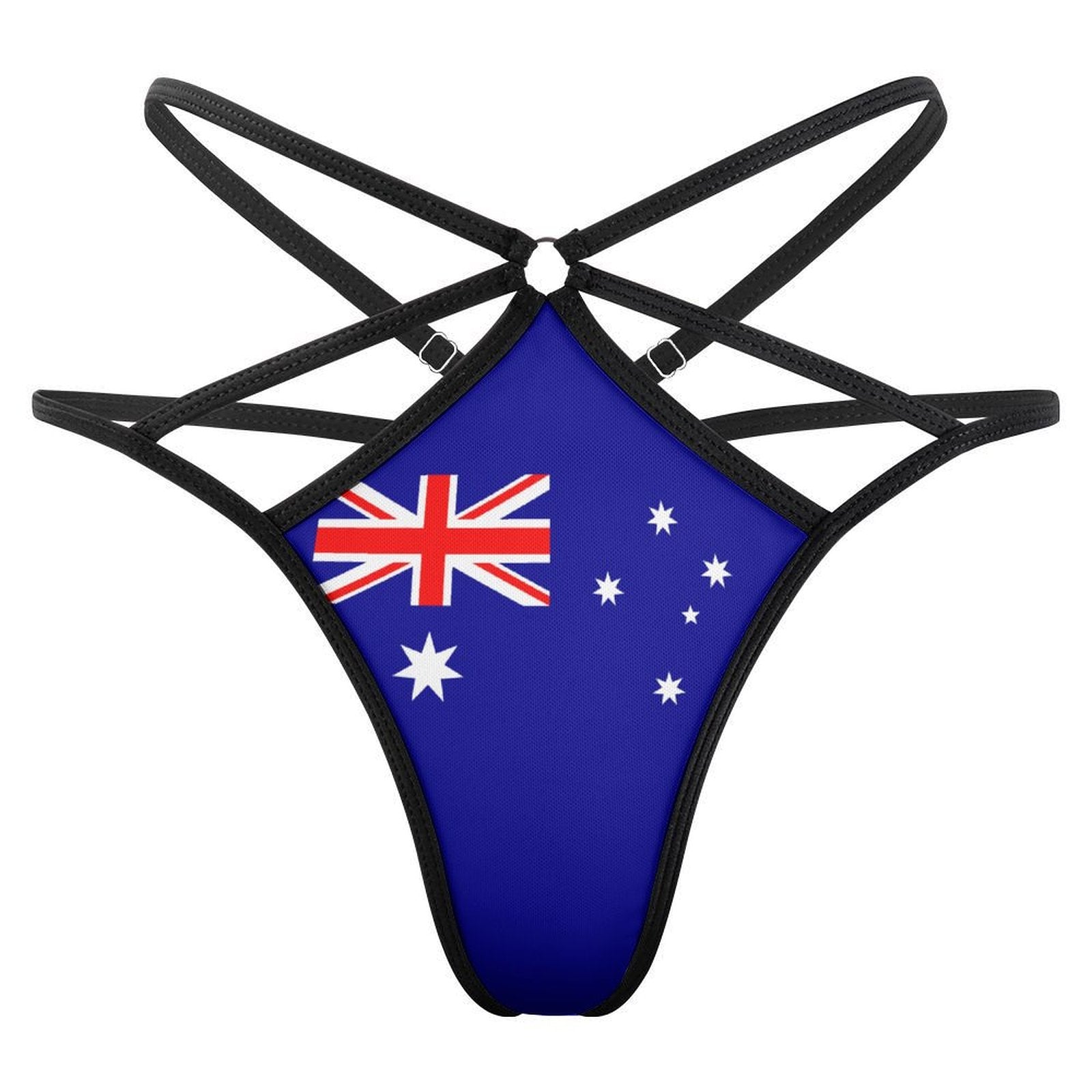 Strappy [Brand] thong featuring the Australian flag design.