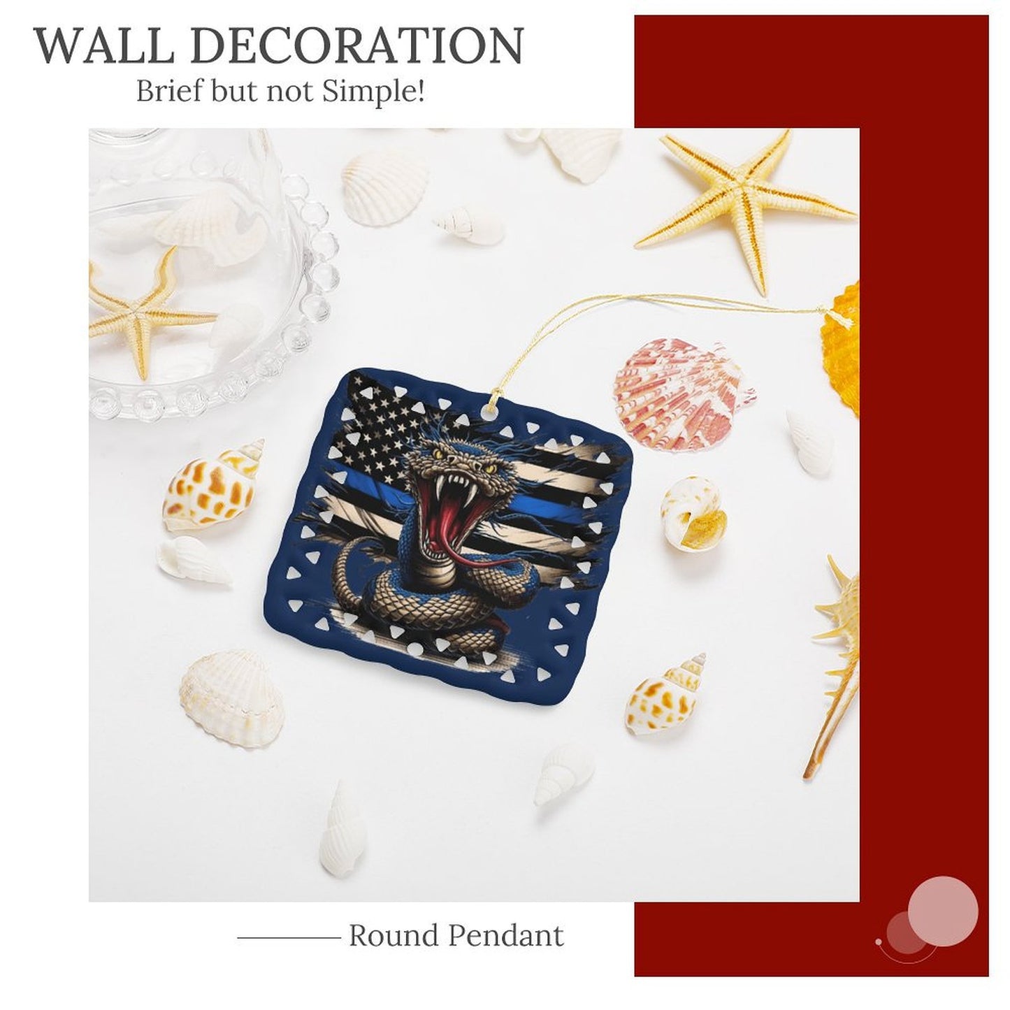 Thin Blue Line Flag Inspired Snake Square Ceramic Ornament Made in the USA