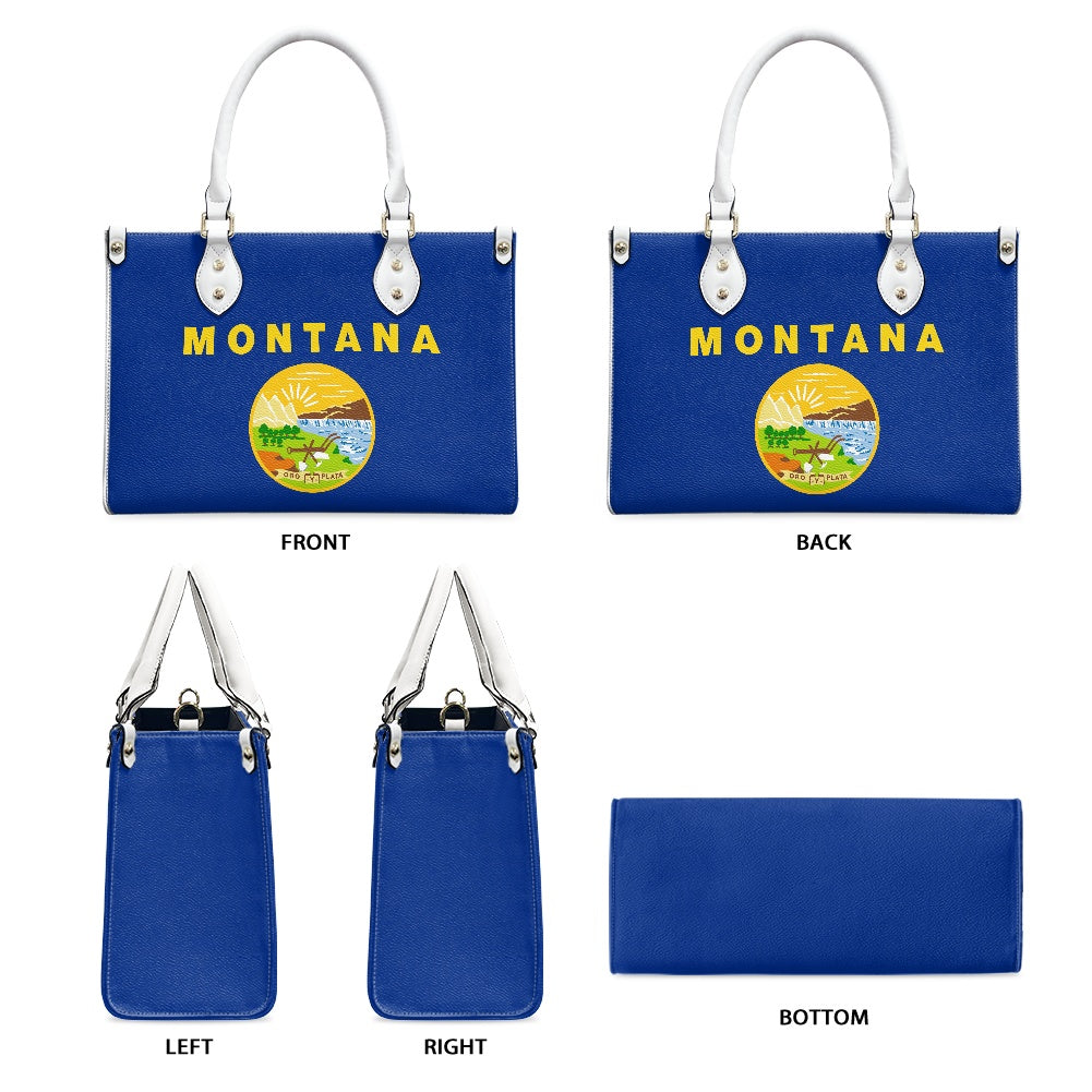 Blue [Brand] handbag featuring Montana emblem, multiple views displayed.