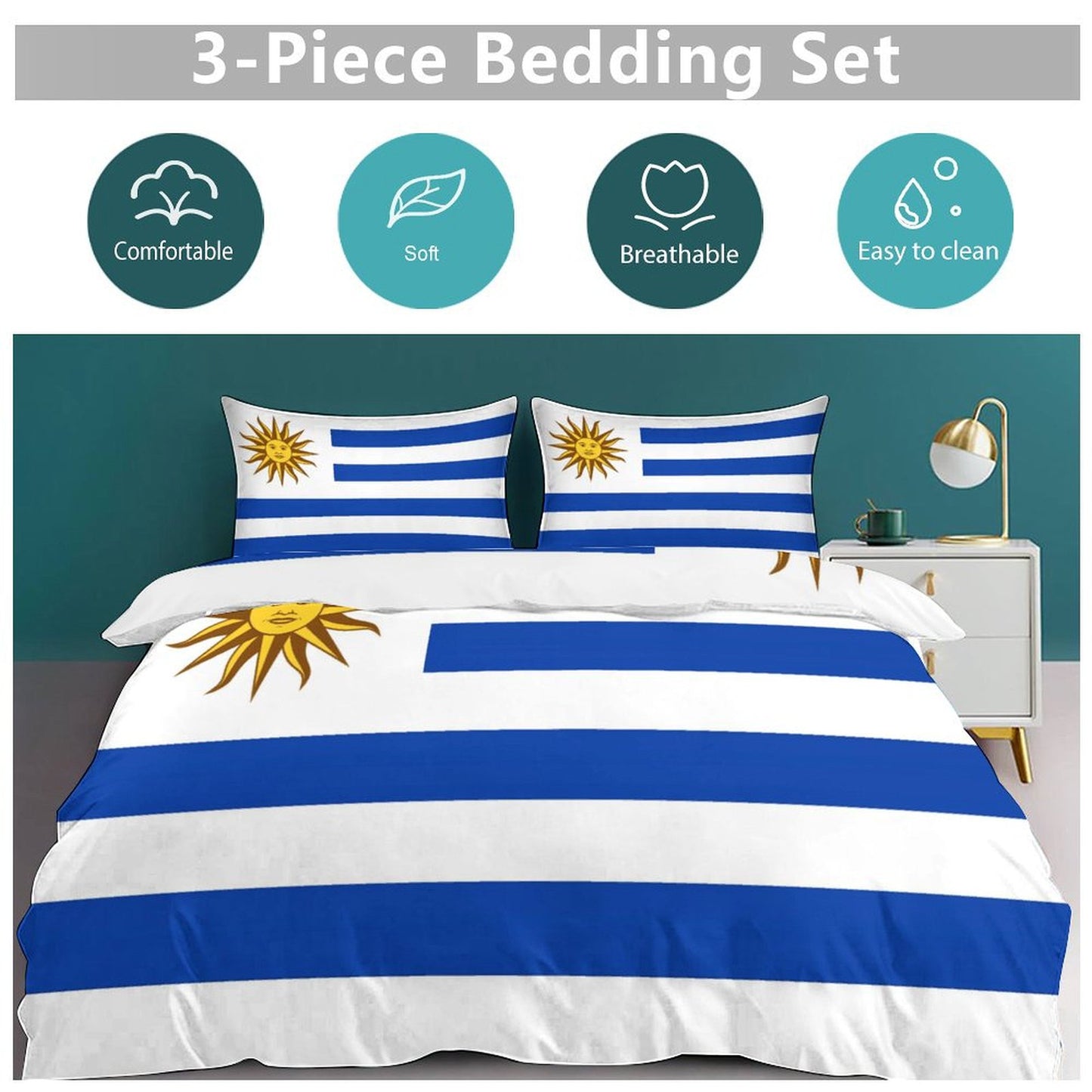 Uruguay Flag Inspired 3-Piece Bedding Set (1 Duvet Cover + 2 Pillow Shams) – 102"×90"