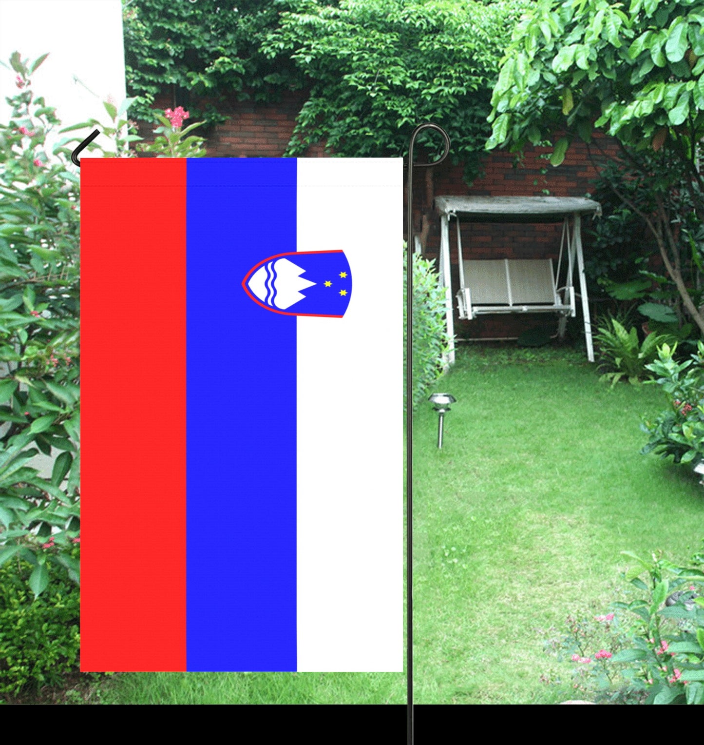 Garden with Luv My Flag Slovenia flag, vibrant colors.